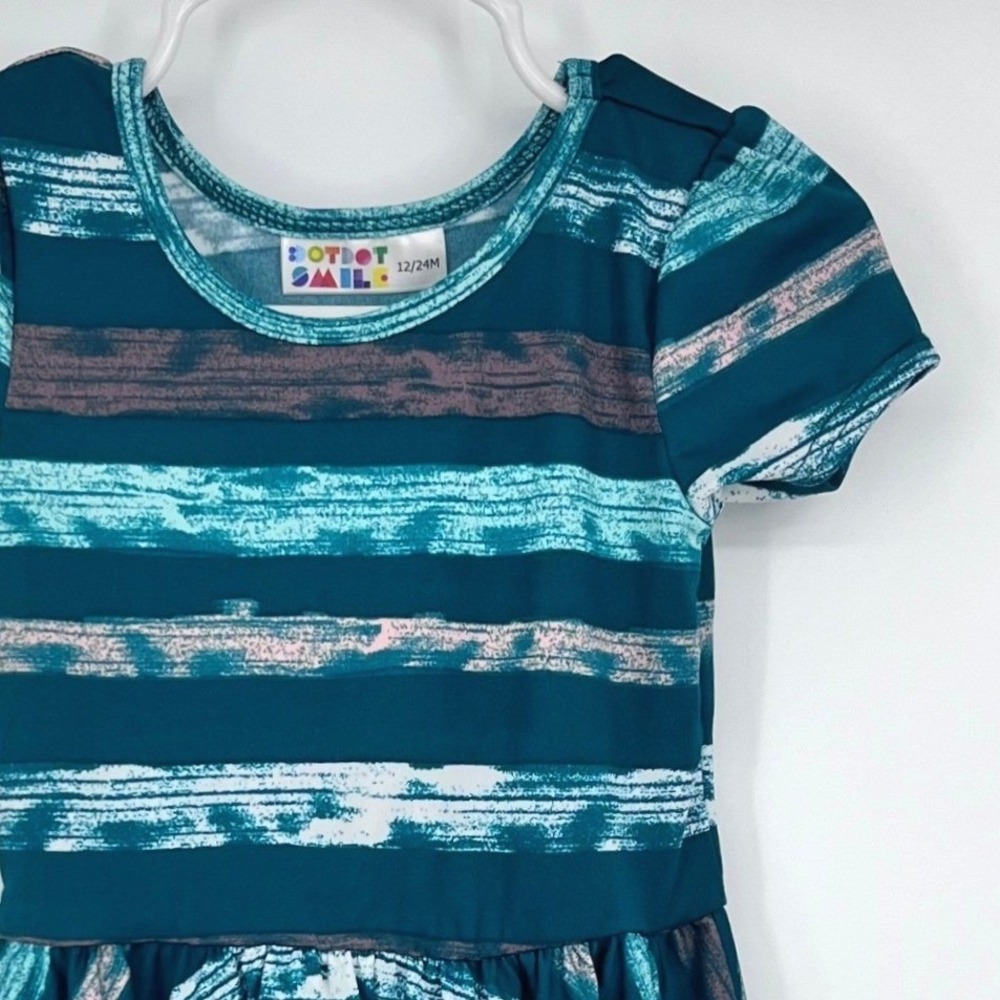 Dot Dot Smile Striped Twirl Dress Girls‎ 12/24M Teal Pink Short Sleeve Fit Flare
